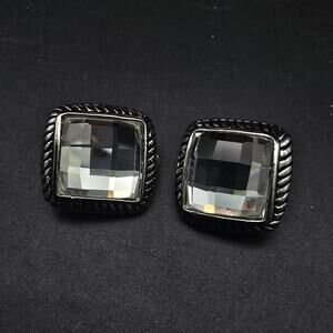 Clear Rhinestone Square Clip On Earrings Silver Tone